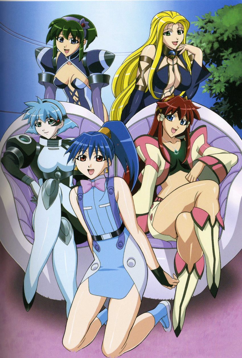 5girls absurdres aqua_eyes bare_shoulders barnette_orangello between_breasts blonde_hair blue_eyes blue_hair bodysuit breasts center_opening choker cleavage couch crop_top dita_liebely dress earrings green_eyes green_hair hair_ornament highres impossible_clothes jacket jewelry jura_basil_elden kuroda_kazuya large_breasts legs lipstick long_hair looking_at_viewer makeup medium_breasts meia_gisborn midriff miniskirt misty_cornwell multiple_girls navel necklace no_bra open_mouth pendant plant ponytail red_eyes red_hair ribbon short_hair skirt smile tank_top vandread very_long_hair