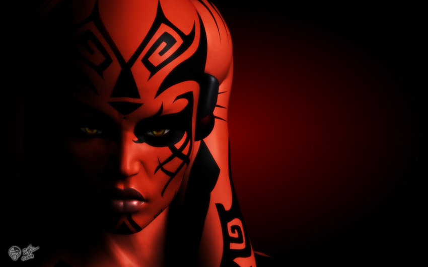 16:10 2009 3d_(artwork) alien alien_humanoid black_background close-up dark_theme darth_talon darthhell digital_media_(artwork) female headshot_portrait hi_res humanoid lekku_(anatomy) not_furry portrait pseudo_hair red_body red_skin red_theme simple_background sith sith_lord solo star_wars tattoo twi'lek widescreen yellow_eyes