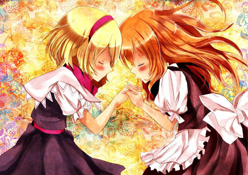 2girls alice_margatroid blonde_hair blush closed_eyes commentary_request face-to-face forehead-to-forehead hairband heads_together highres holding_hands interlocked_fingers kirisame_marisa multiple_girls profile takashi_(calla) touhou yuri