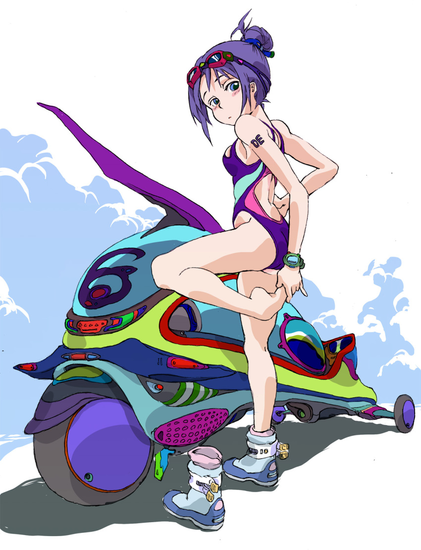 ankle_boots aoi_zero bad_anatomy barefoot blue_eyes boots commentary_request competition_swimsuit female full_body goggles goggles_on_head hair_bun highres looking_back motor_vehicle motorcycle one-piece_swimsuit original purple_hair shoes single_hair_bun single_shoe solo standing standing_on_one_leg stretching swimsuit watch