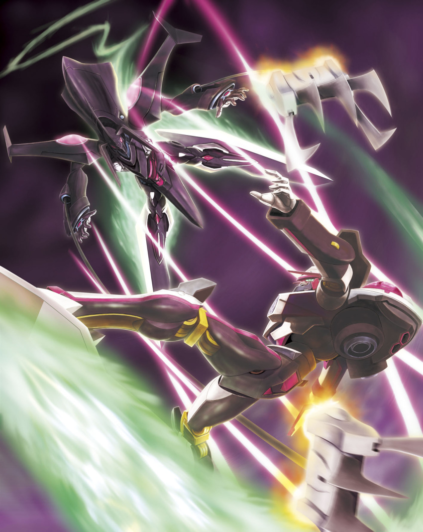 bad_id bad_pixiv_id battle blurry depth_of_field eureka_seven eureka_seven_(series) highres hiro_(hibikigaro) laser mecha nirvash nirvash_typezero no_humans photoshop_(medium) robot sky theend