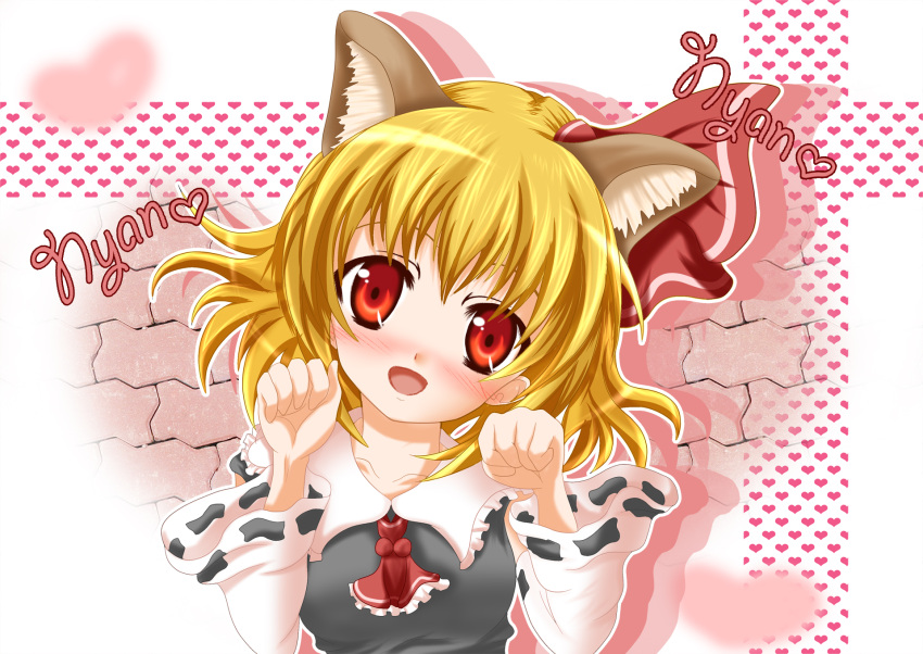 animal_ears ascot black_dress blonde_hair blush cat_ears commentary_request detached_sleeves dress female hair_ribbon head_tilt heart highres himeruri_charm kemonomimi_mode open_mouth paw_pose red_eyes ribbon rumia short_hair smile solo touhou