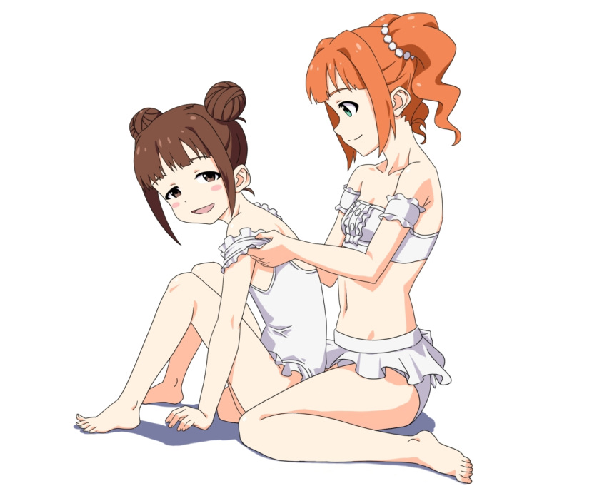 2girls barefoot blush brown_eyes brown_hair commentary_request double_bun dressing feet green_eyes hair_bun idolmaster idolmaster_(classic) kaimuu_(fahrenheit724) looking_back multiple_girls one-piece_swimsuit open_mouth orange_hair siblings sisters smile swimsuit takatsuki_kasumi takatsuki_yayoi twintails