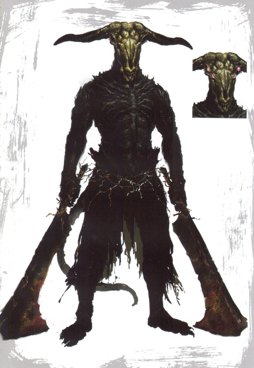 1boy billhook capra_demon dark_souls_(series) dark_souls_i demon dual_wielding highres holding holding_weapon horns nata_(tool) official_art scan skull weapon