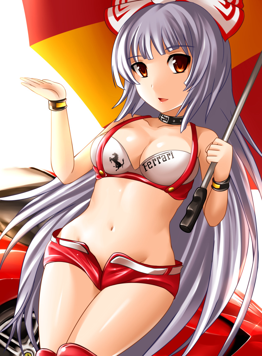 alternate_costume bad_id bad_pixiv_id bikini bikini_top_only bow car clothes_writing collar female ferrari fujiwara_no_mokou grey_hair hairbow highres horse long_hair midriff motor_vehicle navel no_panties open_clothes open_mouth open_shorts orange_eyes parasol race_queen red_shorts revealing_clothes short_shorts shorts solo sports_car swimsuit thighhighs touhou umbrella wristband yoshimo