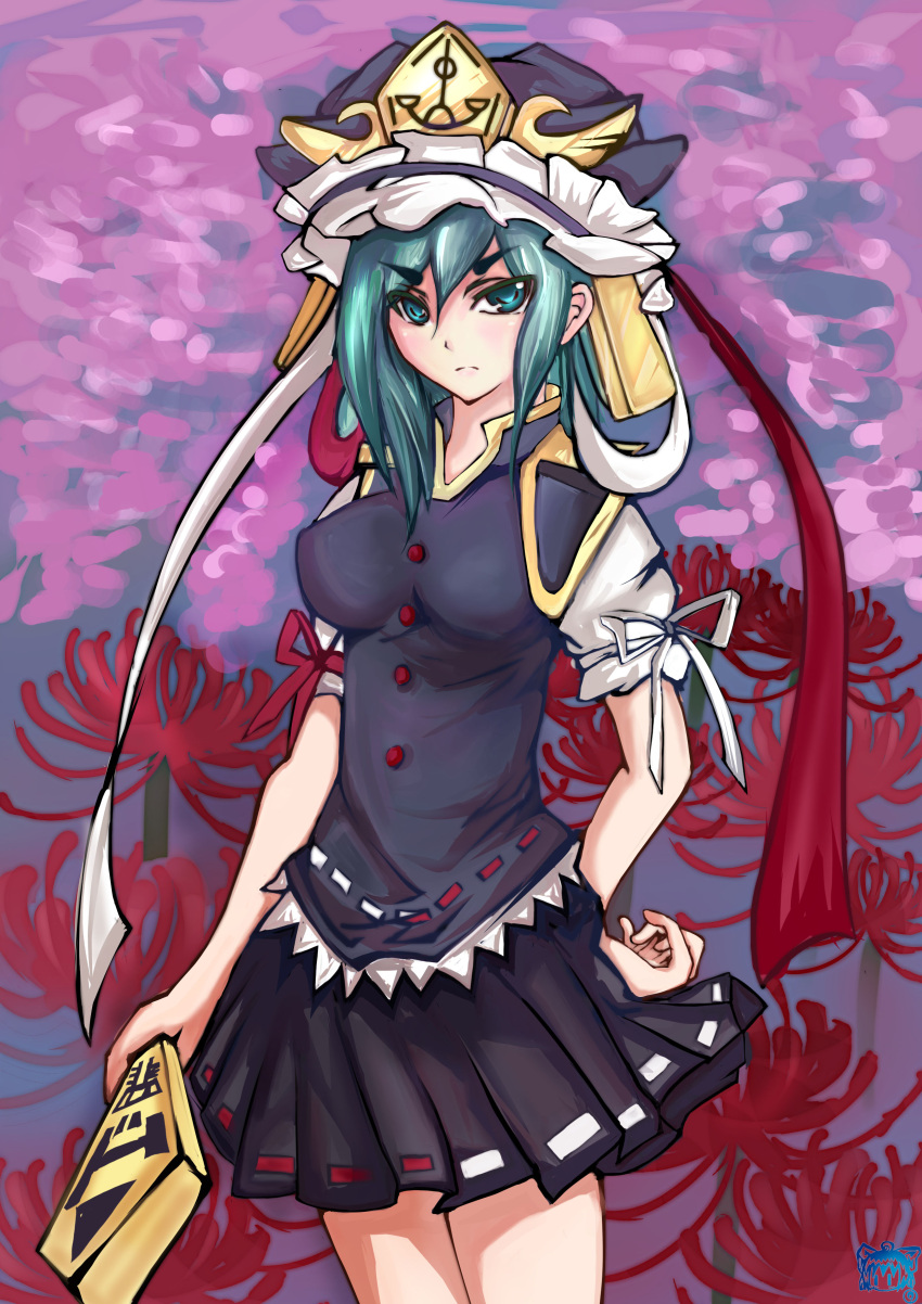 absurdres bad_id bad_pixiv_id female flower green_eyes green_hair hat highres icywood photoshop_(medium) red_flower rod_of_remorse shiki_eiki solo spider_lily touhou