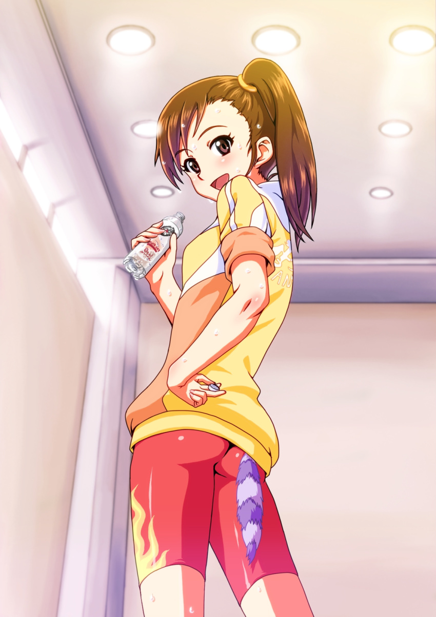 bike_shorts blush brown_eyes brown_hair commentary_request female futami_mami hand_on_own_hip highres idolmaster idolmaster_(classic) kaimuu_(fahrenheit724) long_hair looking_back side_ponytail smile solo sweat