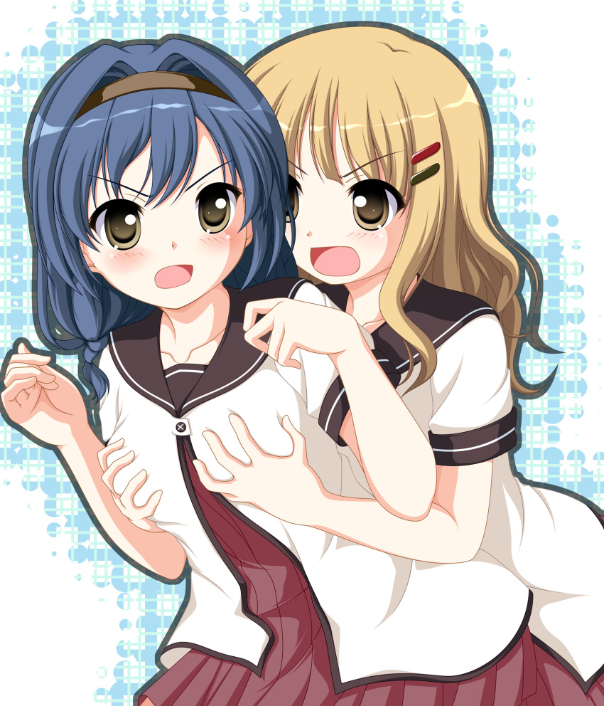 2girls blonde_hair blue_hair blush breasts commentary_request furutani_himawari grabbing grabbing_another's_breast hair_intakes hair_ornament hairband hairclip highres kakesu long_hair multiple_girls nanamori_school_uniform oomuro_sakurako open_mouth school_uniform serafuku small_breasts yuri yuru_yuri