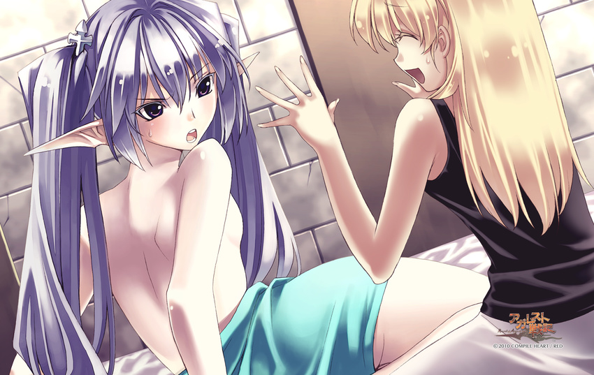 2010 2girls agarest_senki agarest_senki_(series) angry blanket blonde_hair breasts closed_eyes company_name copyright_name dutch_angle fyuria_(agarest_senki) game_cg grey_hair highres hirano_katsuyuki long_hair luana_(agarest_senki) multiple_girls official_art pale_skin photoshop_(medium) pointy_ears purple_eyes sideboob small_breasts sweat topless twintails