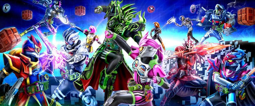 2girls 6+boys axe backpack bag bang_bang_simulations_level_50 battle blue_eyes cannon commentary dangerous_zombie_level_x dual_rider_gashat flat_cap gamer_driver graphite_bugster green_eyes hat highres kamen_rider kamen_rider_brave kamen_rider_cronus kamen_rider_ex-aid kamen_rider_ex-aid_(series) kamen_rider_genm kamen_rider_lazer kamen_rider_lazer_turbo kamen_rider_para-dx kamen_rider_poppy kamen_rider_snipe knockout_fighter_level_50 masukudo_(hamamoto_hikaru) maximum_mighty_x_level_99 multiple_boys multiple_girls perfect_knockout_gamer_level_99 perfect_puzzle_level_50 polearm red_eyes ride_player ride_player_nico rider_belt rider_gashat shakariki_sports_level_3 spear sword taddle_fantasy_level_50 trident turret weapon wheel yellow_eyes zombie_action_gamer_level_x-0 zombie_gamer_level_x