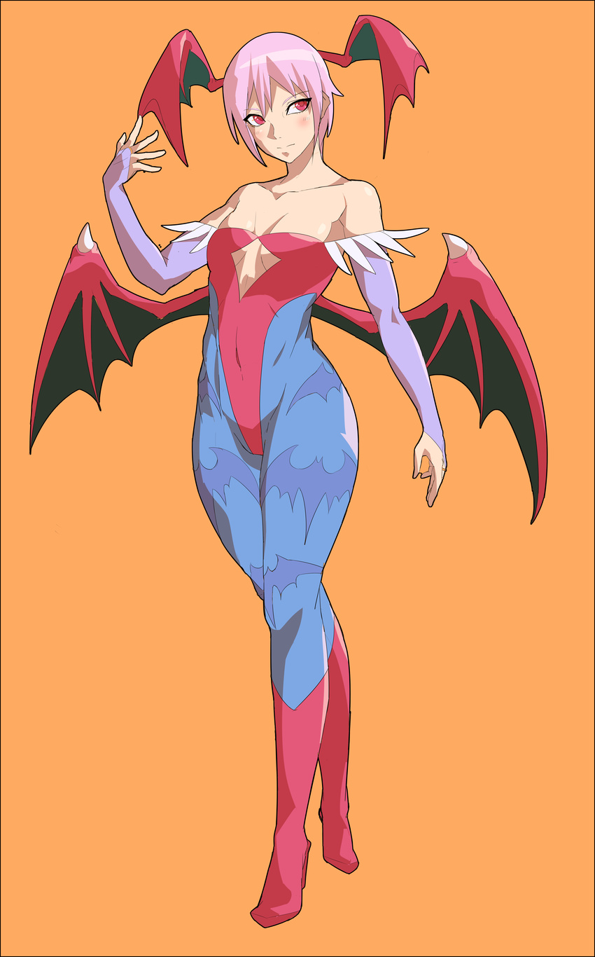 absurdres animal_print bad_id bad_pixiv_id bare_shoulders bat_print bat_wings blue_pantyhose blush bridal_gauntlets cleavage_cutout clothing_cutout collarbone commentary_request demon_girl diamond_cutout female flat_chest full_body goniataito head_wings highres leotard lilith_aensland looking_away pantyhose pink_hair print_pantyhose red_eyes red_leotard short_hair smile solo vampire_(game) wings