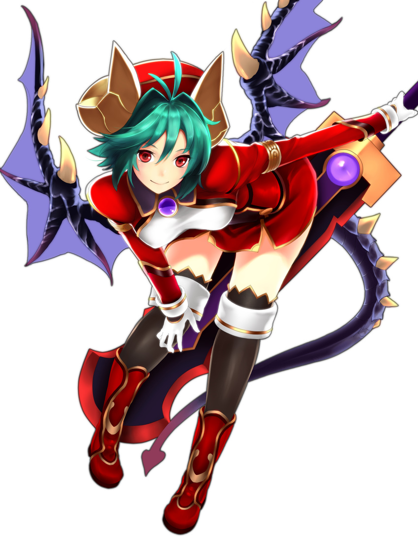 aqua_hair black_thighhighs boots commentary_request demon_tail female full_body gloves hat highres horns leaning_forward looking_at_viewer red_eyes red_footwear red_hat rukia_moon shinrabanshou shuuha_arutsu smile solo standing sword tail thighhighs transparent_background weapon white_gloves wings