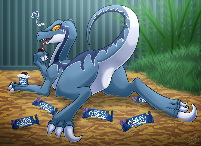 ass barefoot bars blue_(jurassic_world) cage claws cookie dinosaur dromaeosaurid eating extinct eyelashes feet female feral food happy hind_legs jurassic_park jurassic_world licking looking_down lying messy musical_note nude on_front open_mouth oreo_cookie prehistoric_species prisoner raised_tail raptor_claws reptile scalie sharp_teeth smile solo spread_legs spreading tail teeth theropod toe_claws tongue tongue_out universal_studios vavacung velociraptor yellow_eyes