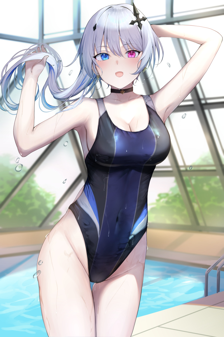 absurdres black_one-piece_swimsuit blue_eyes breasts cleavage commentary_request competition_swimsuit covered_navel cowboy_shot cross cross_hair_ornament female grey_hair hair_ornament heterochromia highres indoors inverted_cross kairi_(miry666) large_breasts long_hair looking_at_viewer multicolored_clothes multicolored_swimsuit neo-porte one-piece_swimsuit pink_eyes pool pool_ladder solo swimsuit tentei_forte thigh_gap two-tone_swimsuit virtual_youtuber