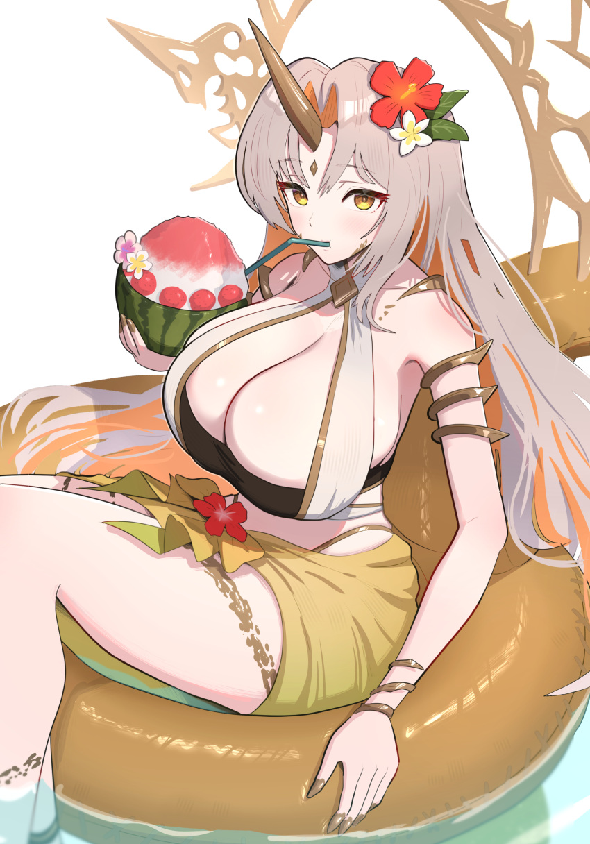 absurdres bikini black_bikini breasts cleavage drinking_straw drinking_straw_in_mouth female fire_emblem fire_emblem_heroes flower food golden_eyes gonzarez gullveig_(fire_emblem) gullveig_(summer)_(fire_emblem) hair_flower hair_ornament highres huge_breasts innertube long_hair looking_at_viewer multicolored_hair official_alternate_costume pale_skin sarong shaved_ice swim_ring swimsuit two-tone_hair very_long_hair white_bikini white_hair yellow_innertube yellow_sarong