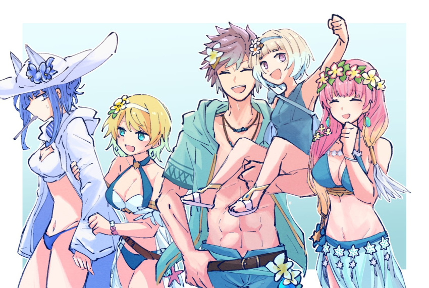 1boy 4girls :d abs alonemistrist bare_shoulders bikini blonde_hair blue_eyes blue_hair blue_jacket blue_shorts breasts brown_hair carrying cleavage closed_eyes fire_emblem fire_emblem_heroes fjorm_(fire_emblem) fjorm_(summer)_(fire_emblem) flower gunnthra_(fire_emblem) gunnthra_(summer)_(fire_emblem) hair_flower hair_ornament hat hat_flower hrid_(fire_emblem) hrid_(summer)_(fire_emblem) jacket jewelry long_hair long_sleeves multiple_girls navel necklace nifl_(fire_emblem) nifl_(summer)_(fire_emblem) official_alternate_costume one-piece_swimsuit open_clothes open_jacket open_mouth pink_hair purple_eyes sarong short_hair shorts siblings smile spoon sweatdrop swimsuit utensil_in_mouth white_hat white_jacket ylgr_(fire_emblem) ylgr_(summer)_(fire_emblem)