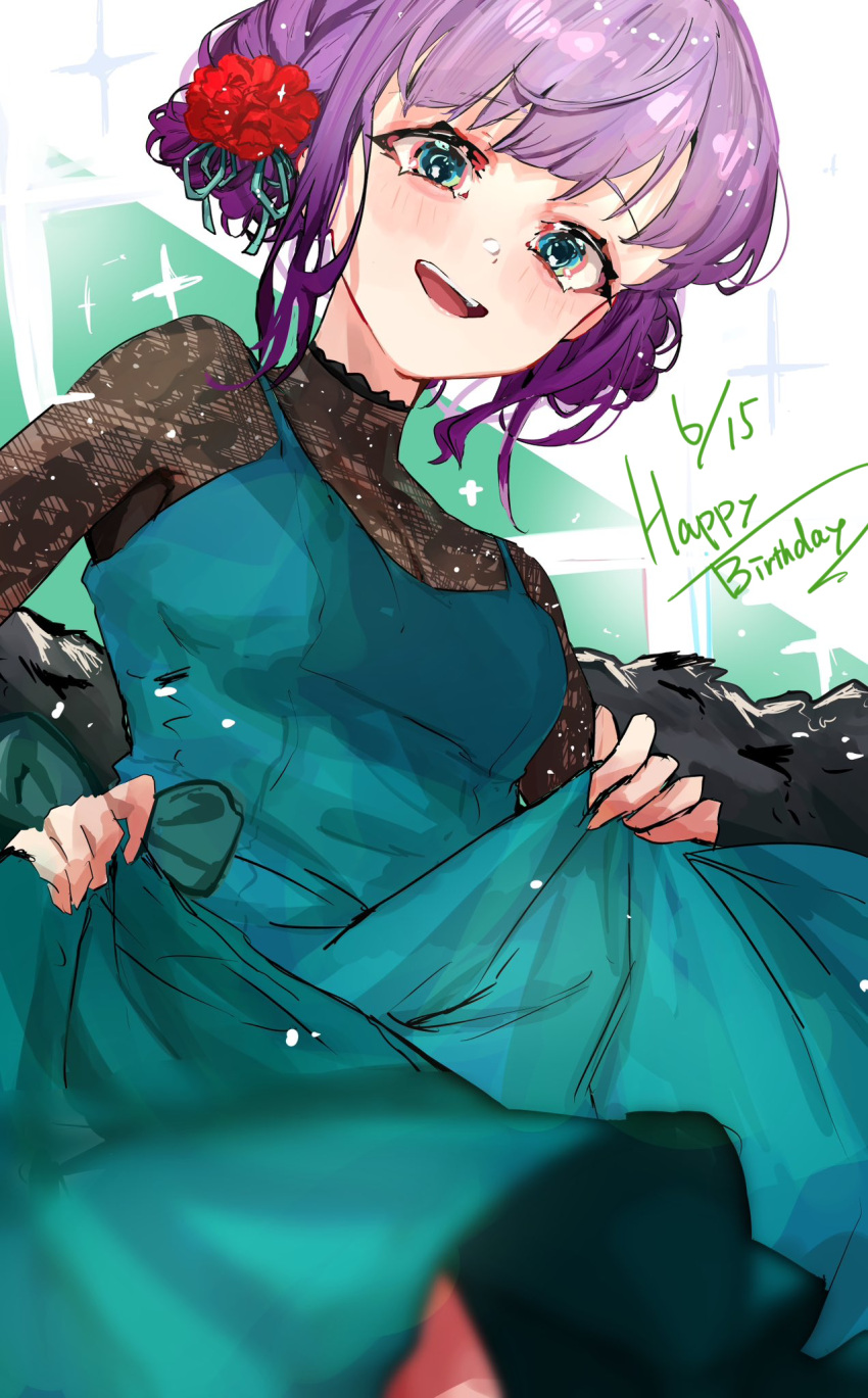 :d blurry blurry_foreground blush breasts cleavage commentary_request cowboy_shot dated depth_of_field dress female flower green_background green_dress green_eyes hair_flower hair_ornament happy_birthday highres lace lace_shirt link!_like!_love_live! looking_at_viewer love_live! medium_breasts oihlf open_mouth otomune_kozue purple_hair red_flower see-through see-through_cleavage short_hair sidelocks skirt_hold smile solo sparkle teeth updo upper_teeth_only virtual_youtuber white_background