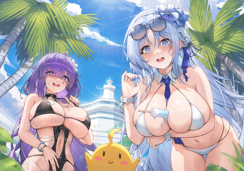 2girls alsace_(azur_lane) alsace_(heat_beating_summer_sacrament)_(azur_lane) azur_lane bare_shoulders between_breasts bikini bird blue_eyes blue_hair blue_sky blush breasts chick cleavage flower food hair_flower hair_ornament highres large_breasts long_hair looking_at_viewer manjuu_(azur_lane) mogador_(azur_lane) mogador_(locker_room_lechery)_(azur_lane) morung multiple_girls navel necktie official_alternate_costume open_mouth palm_tree popsicle purple_eyes purple_hair sky sunglasses swimsuit tree