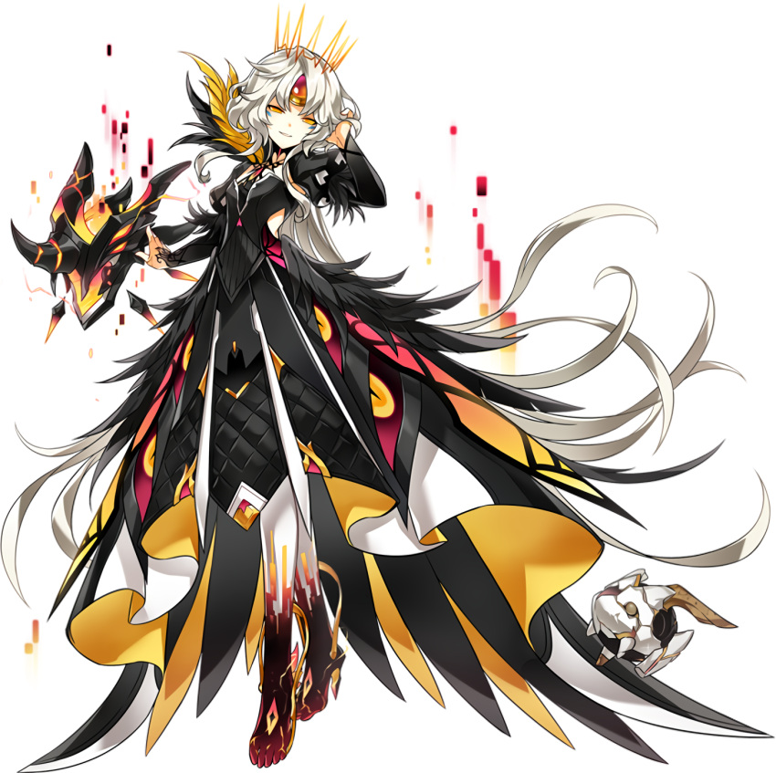 android artist_request code:_antithese_(elsword) cracked_skin crown drone earpiece electricity elsword eve_(elsword) facial_mark feathers female forehead_jewel frills full_body half-closed_eyes hand_in_own_hair highres juliet_sleeves long_sleeves looking_at_viewer moby_(elsword) official_art puffy_sleeves rectangle remy_(elsword) short_hair_with_long_locks smile transparent_background wavy_hair