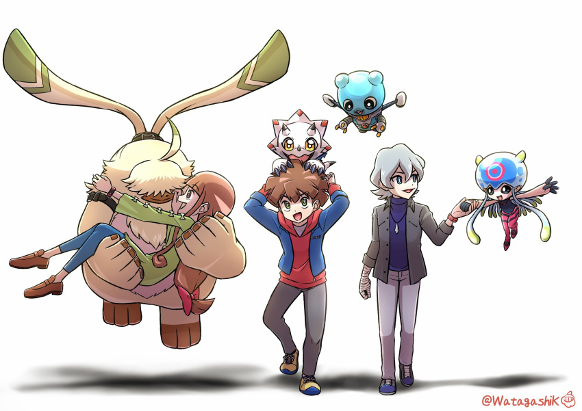 angoramon anthro bandai_namco belt bridal_carry brown_hair carrying_another digimon digimon_(species) digimon_ghost_game espimon female fur gammamon grey_hair group hair hair_over_eyes hi_res hiro_amanokawa human humanoid jellymon kiyoshiro_higashimitarai long_ears male mammal ruri_tsukiyono tentacle watagashikn white_body yellow_body yellow_fur