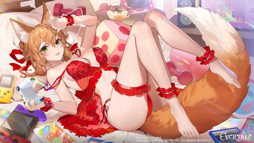 2022 animal_ears ankle_garter artist_name babydoll blonde_hair breasts bridal_garter company_name controller copyright_notice evertale female fox_ears fox_girl fox_tail game_controller green_eyes hair_between_eyes highres holding holding_controller holding_game_controller large_breasts legs_up lingerie looking_at_viewer lying mysha nightgown official_art on_back on_bed open_mouth panties red_babydoll red_nightgown red_panties short_hair side-tie_panties solo tail teffish underwear