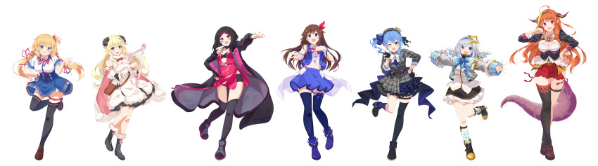 6+girls absurdres akai_haato akai_haato_(1st_costume) amane_kanata amane_kanata_(1st_costume) angel angel_wings armband asymmetrical_legwear azki_(2nd_costume)_(hololive) azki_(hololive) bag bandeau bare_shoulders black_bandeau black_coat black_hair black_shorts black_thighhighs black_tube_top blonde_hair blue_eyes blue_hair blue_skirt blue_socks blue_thighhighs boots bow breasts brown_hair cape cleavage cleavage_cutout clothing_cutout coat covered_navel dragon_girl dragon_tail dress feathered_wings fingerless_gloves fingernails fold-over_boots full_body gloves hair_ornament hair_ribbon hair_up halo hand_on_own_hip hand_up harp highleg highres holding holding_instrument hololive horns hoshimachi_suisei hoshimachi_suisei_(1st_costume) instrument jacket jewelry kiryu_coco kiryu_coco_(1st_costume) lineup long_hair midriff mini_wings multicolored_hair multiple_girls nail_polish narumi_nanami navel necklace off_shoulder official_art open_clothes open_coat orange_hair pelvic_curtain pink_dress pink_nails revealing_clothes ribbon see-through see-through_dress see-through_midriff sheep_girl sheep_horns shoes short_hair shorts simple_background single_thighhigh skirt sleeveless sleeveless_dress socks strapless streaked_hair striped striped_bow tail thigh_strap thighhighs tokino_sora tokino_sora_(1st_costume) tsunomaki_watame tsunomaki_watame_(1st_costume) tube_top uneven_legwear v virtual_youtuber white_background white_hair wide_sleeves wings