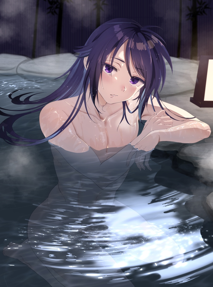 1boy arm_rest arm_support barefoot bathing blush collarbone completely_nude fudou_yukimitsu hair_down hands_up head_tilt highres lantern long_hair looking_at_viewer male_focus navel night nude onsen otoko_no_ko parapara parted_bangs parted_lips partially_submerged purple_eyes purple_hair rock seiza shiny_skin sitting solo steam touken_ranbu water wet