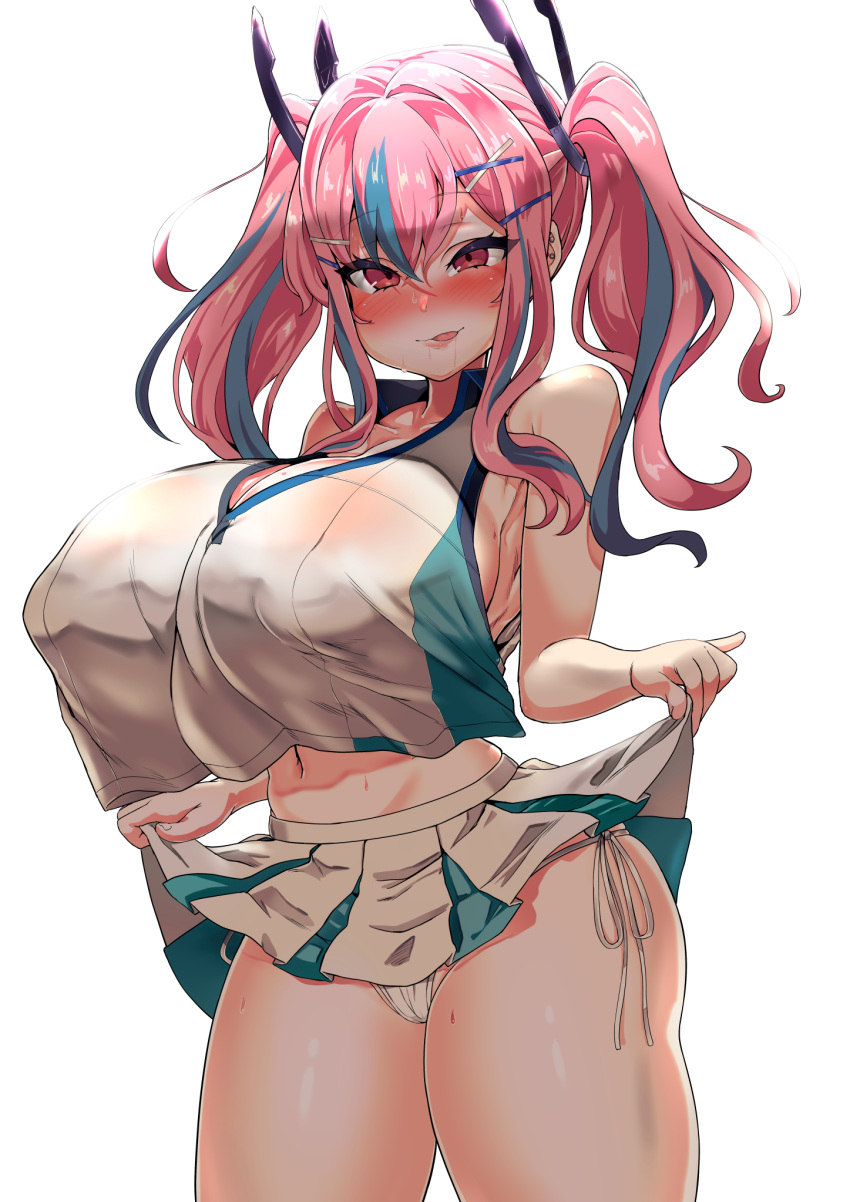 :p asanagi_(style) azur_lane bare_shoulders blue_hair blush breasts bremerton_(azur_lane) bremerton_(scorching-hot_training)_(azur_lane) clothes_lift collarbone commentary covered_nipples crop_top crop_top_overhang ear_piercing female hair_between_eyes hair_ornament hairclip highres huge_breasts kishin_tatu lifting_own_clothes long_hair looking_at_viewer multicolored_hair navel official_alternate_costume panties piercing pink_eyes pink_hair saliva saliva_trail shirt side-tie_panties sidelocks simple_background skirt skirt_lift sleeveless sleeveless_shirt solo sportswear standing streaked_hair sweat tennis_uniform thighs tongue tongue_out twintails two-tone_shirt two-tone_skirt underwear white_background white_panties x_hair_ornament