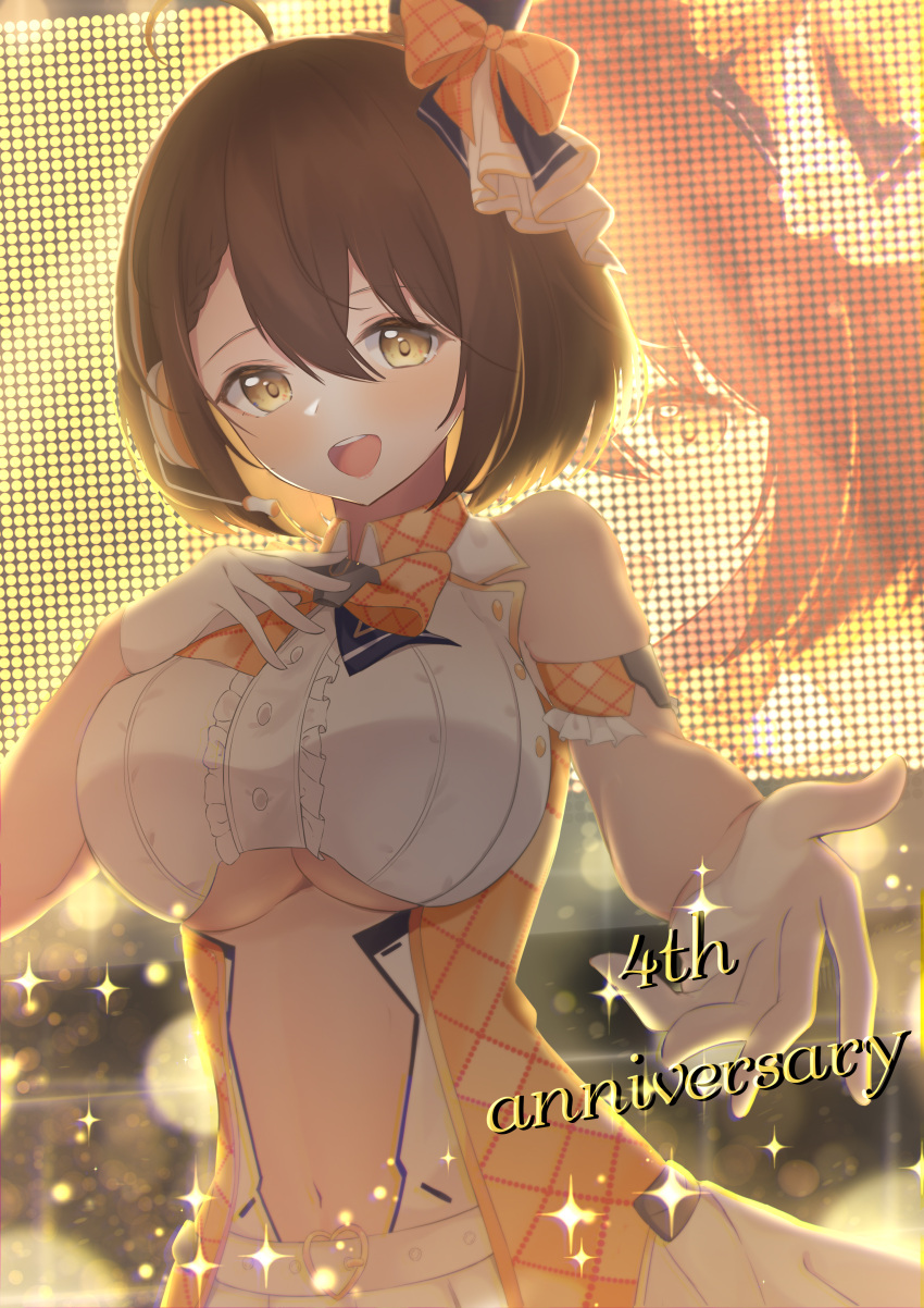 :d absurdres ahoge anniversary arm_strap azur_lane baltimore_(azur_lane) baltimore_(muse)_(azur_lane) bare_shoulders bow braid breasts brown_hair buckle center_frills center_opening clothing_cutout commentary_request cowboy_shot dress female french_braid frills gloves hair_between_eyes hand_up hat headset heart heart-shaped_buckle highres idol large_breasts looking_at_viewer mini_hat navel open_mouth orange_bow pleated_skirt roido_(taniko-t-1218) screen shirt short_hair sidelocks skirt sleeveless sleeveless_dress smile solo stage_lights standing stomach_cutout teeth underboob underboob_cutout upper_teeth_only white_gloves white_shirt white_skirt yellow_eyes