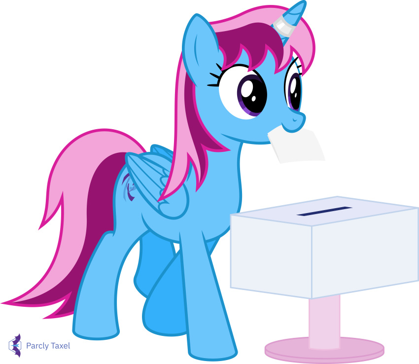 2023 absurd_res alicorn alpha_channel artist_name ballot ballot_box blue_body equid equine female feral hair hasbro hi_res horn horn_jewelry horn_ring jewelry mammal mouth_hold multicolored_hair my_little_pony mythological_creature mythological_equine mythology parcly_taxel parclytaxel pink_hair purple_eyes ring_(jewelry) signature simple_background solo transparent_background two_tone_hair vote walking wings