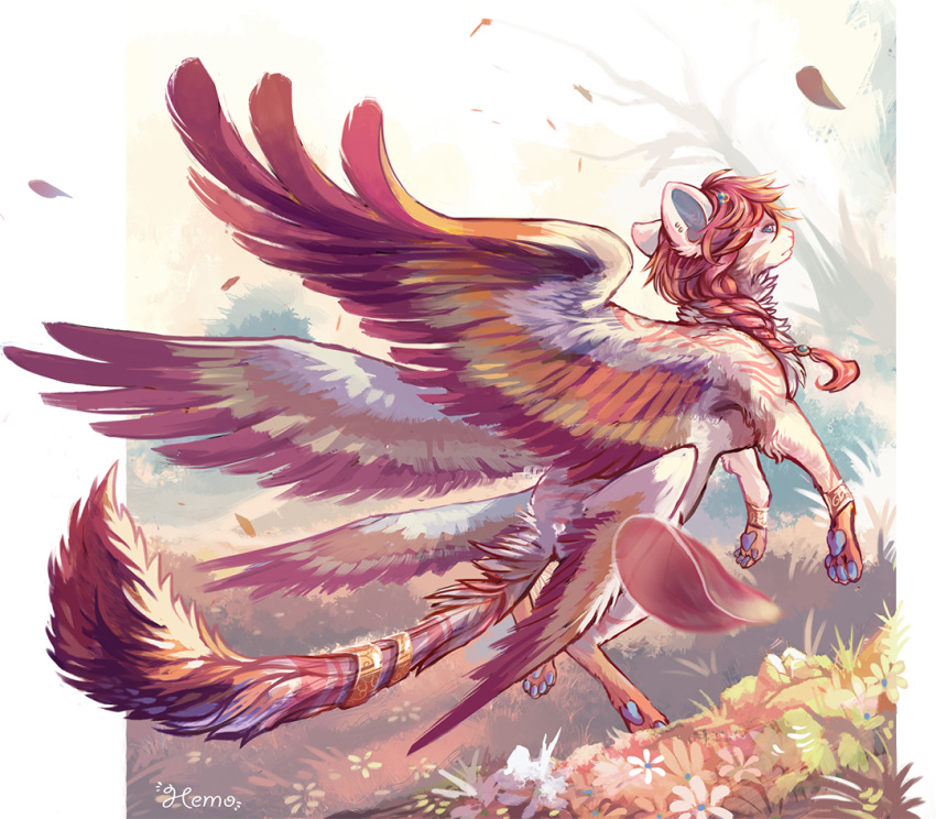 braid brown_hair commentary creature day english_commentary faerie_neopet feathers flower flying full_body grass kougra long_hair looking_at_viewer looking_back multiple_wings neopets no_humans outdoors signature tiger wings yhemo