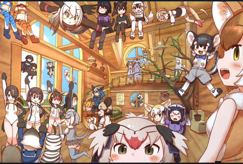 6+girls :d african_wild_dog_(kemono_friends) ahoge animal_ear_fluff animal_ears annotation_request arm_up arms_up australian_devil_(kemono_friends) bald_eagle_(kemono_friends) bare_shoulders batten_japari_dan bed black_eyes black_gloves black_hair black_jaguar_(kemono_friends) blackbuck_(kemono_friends) blonde_hair blue_sky blush bow box breasts brown_eyes brown_hair capybara_(kemono_friends) chinchilla_(kemono_friends) chinchilla_ears chinchilla_girl chinchilla_tail closed_eyes cloud coat common_raccoon_(kemono_friends) day detached_sleeves dhole_(kemono_friends) elbow_gloves emperor_penguin_(kemono_friends) english_text eurasian_eagle_owl_(kemono_friends) ezo_red_fox_(kemono_friends) facing_another facing_viewer fennec_(kemono_friends) fisheye floating flower fox_ears from_behind from_side full_body fur_collar fur_trim gentoo_penguin_(kemono_friends) gloves golden_snub-nosed_monkey_(kemono_friends) grey_hair grey_shorts hair_between_eyes hair_over_one_eye hand_up hands_up head_wings highres hood hood_up hoodie horns humboldt_penguin_(kemono_friends) indoors jacket jaguar_ears japanese_crested_ibis_(kemono_friends) kemono_friends kemono_friends_3 long_hair long_sleeves looking_at_another looking_at_viewer lying malayan_tapir_(kemono_friends) medium_breasts mittens multicolored_hair multiple_girls navel northern_white-faced_owl_(kemono_friends) oerba_yun_fang oinari-sama_(kemono_friends) on_stomach open_mouth ostrich_(kemono_friends) panties pantyhose penguins_performance_project_(kemono_friends) plains_zebra_(kemono_friends) plant raccoon_ears raccoon_tail rakugakiraid red_eyes red_hair rockhopper_penguin_(kemono_friends) room round_window shirt shiserval_lefty shiserval_right short_hair short_sleeves shorts silky_anteater_(kemono_friends) silver_fox_(kemono_friends) sitting skirt sky sleeveless small-clawed_otter_(kemono_friends) smile southern_tamandua_(kemono_friends) stairs standing striped_hair superb_bird-of-paradise_(kemono_friends) tail tanuki_(kemono_friends) tasmanian_devil_(kemono_friends) tasmanian_devil_ears teeth thighhighs thighs tree tsuchinoko_(kemono_friends) two-tone_hair underwear western_parotia_(kemono_friends) white_hair white_legwear window wings yellow_eyes yellow_flower zebra_ears