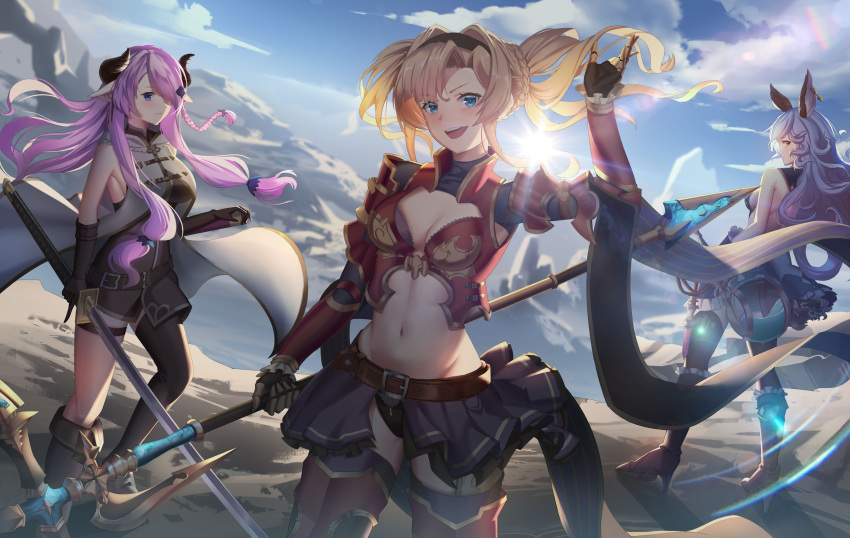 3girls absurdres animal_ears asymmetrical_legwear bare_shoulders black_gloves blonde_hair blue_eyes blue_hair blush braid breasts brown_eyes chinese_commentary cleavage commentary draph elbow_gloves erune ferry_(granblue_fantasy) gloves granblue_fantasy granblue_fantasy_versus hair_intakes hair_over_one_eye hairband highres horns large_breasts light_purple_hair long_hair looking_at_viewer looking_back multiple_girls narmaya_(granblue_fantasy) navel open_mouth outdoors pointy_ears purple_hair showgirl_skirt sideboob skirt smile thighhighs twintails very_long_hair wavy_hair weapon zero_yee zeta_(granblue_fantasy)