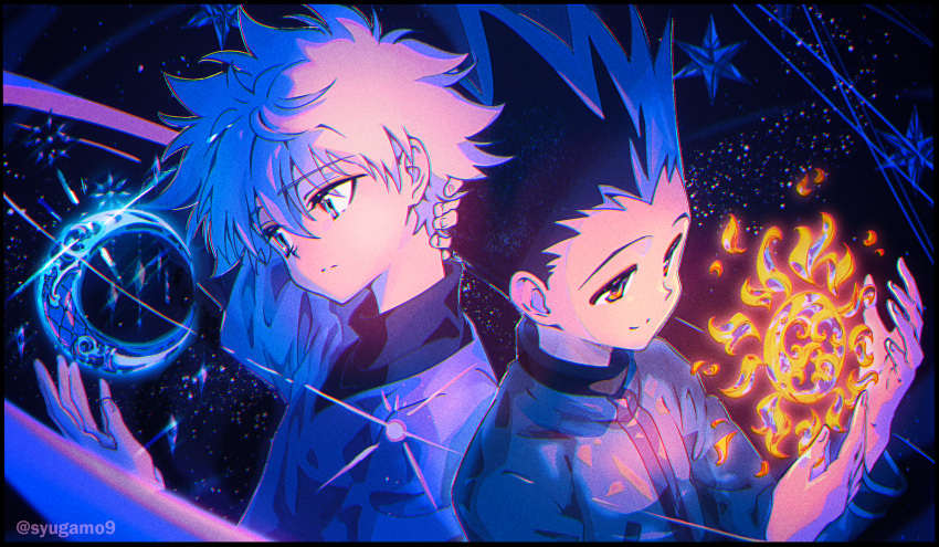 2boys black_hair blue_eyes gon_freecss hands_up highres holding hunter_x_hunter killua_zoldyck kuo_tasuku male_focus moon multiple_boys night night_sky orange_eyes signature sky smile spiked_hair sun symbolism white_hair