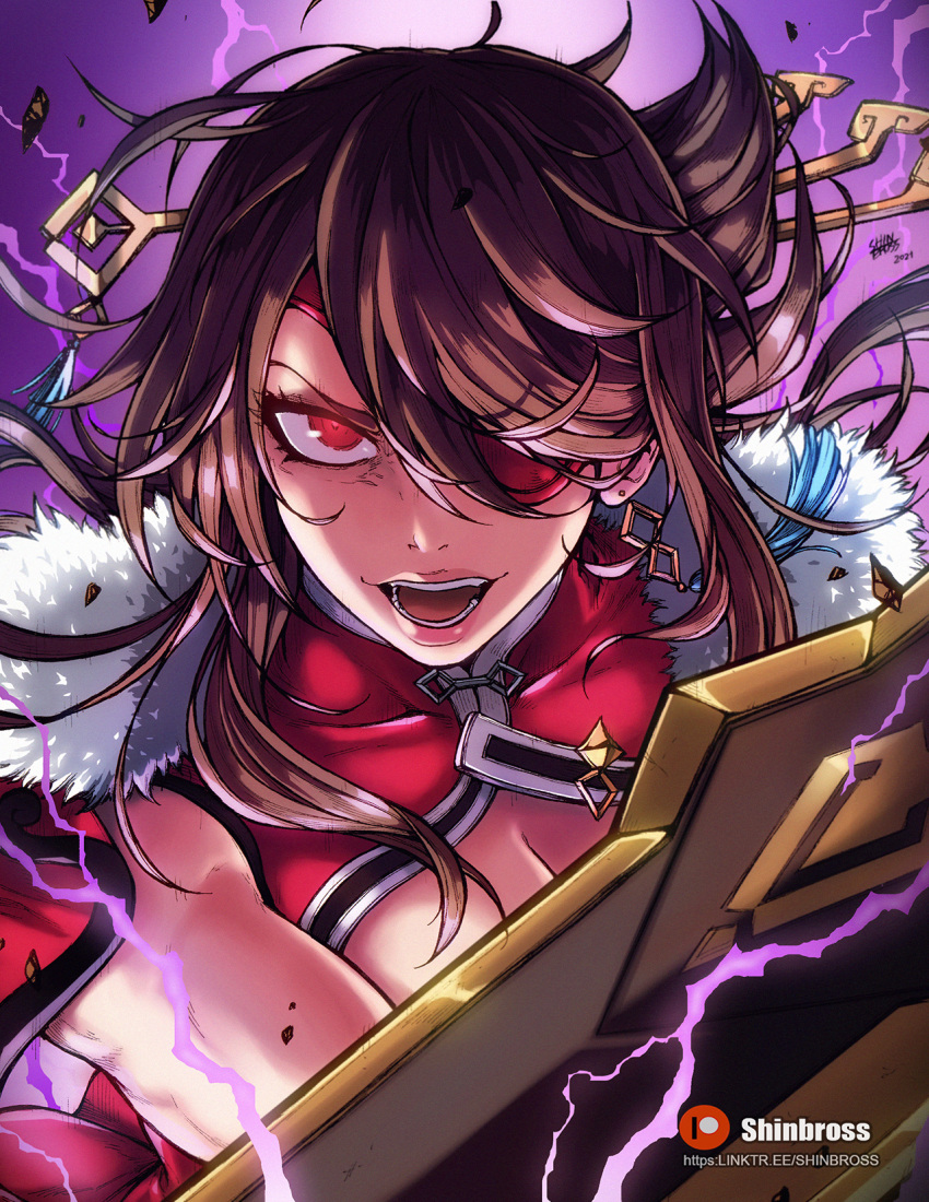 2021 artist_name beidou_(genshin_impact) breasts brown_hair china_dress chinese_clothes colored_eyepatch dress earrings electricity eyepatch female fur_trim genshin_impact hair_ornament hair_stick highres holding holding_sword holding_weapon jewelry long_hair looking_at_viewer open_mouth patreon_logo patreon_username red_eyes shinbross solo sword watermark weapon web_address