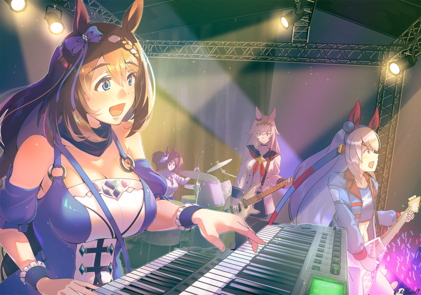 4girls animal_ears band bass_guitar blue_bow blue_dress blue_eyes blue_hairband blue_jacket blue_skirt blue_sleeves blush bow braid breasts brown_hair cleavage closed_mouth commentary_request detached_sleeves dress drum drum_set ear_covers electric_guitar fox_mask gibson_flying_v grey_hair guitar hair_between_eyes hairband hairbow highres holding holding_instrument horse_ears horse_girl inari_one_(umamusume) instrument jacket keyboard_(instrument) large_breasts lightning_bolt_symbol long_hair mask mask_on_head midriff multiple_girls music navel oguri_cap_(umamusume) open_mouth playing_instrument puffy_short_sleeves puffy_sleeves reihou19 school_uniform serafuku shirt short_sleeves singing skirt smile stage stage_lights super_creek_(umamusume) tamamo_cross_(umamusume) twintails twitter_username umamusume upper_body very_long_hair white_hair white_jacket white_shirt