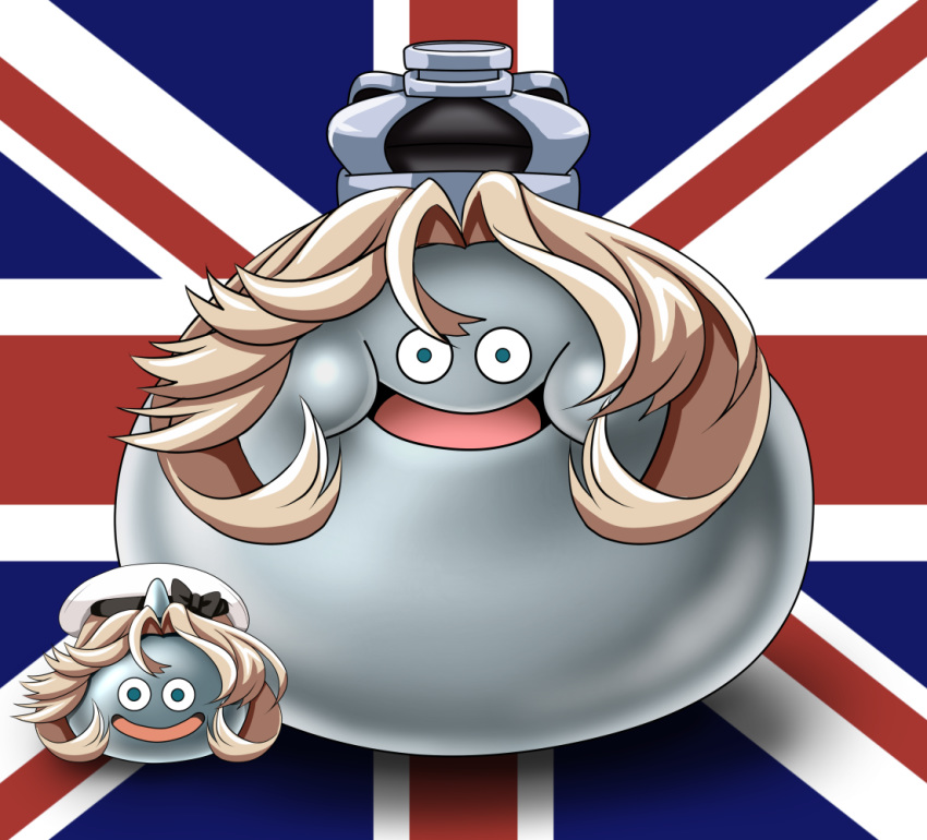 bangs blonde_hair crown dragon_quest hat janus_(kantai_collection) kantai_collection king_slime metal_slime parody parted_bangs sailor_hat slime slime_(dragon_quest) smile tk8d32 union_jack white_headwear