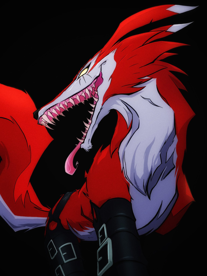 3:4 bandai_namco bodily_fluids canid canine canis digimon digimon_(species) fangmon feral fur hi_res leather long_snout long_tongue mammal red_body red_fur saliva sharp_teeth snout solo steven_purifoy straps teeth tongue tongue_out wolf