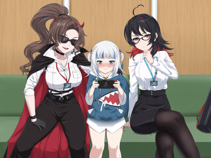 3girls ahoge black_hair blue_eyes blue_hair blush brand_name_imitation coat coat_on_shoulders colored_inner_hair commentary death-sensei_(mori_calliope) english_commentary enma-chan fins fish_tail gardavwar gawr_gura gawr_gura_(1st_costume) girl_sandwich glasses handheld_game_console highres holding hololive hololive_english id_card j-chad kotori_(takanashi_kiara) long_hair multicolored_hair multiple_girls nintendo_switch red_eyes red_hair sandwiched semi-circular_eyewear shark_tail shirt streaked_hair tail virtual_youtuber white_shirt