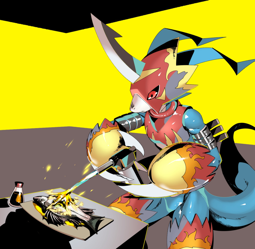 anthro armor bandai_namco belt blade_fingers blowtorch blue_body clothing cooking digimon digimon_(species) fire fish flamedramon food gauntlets gloves handwear headgear helmet hi_res horn male marine meat red_eyes seasoning skink_hisshiss solo straps