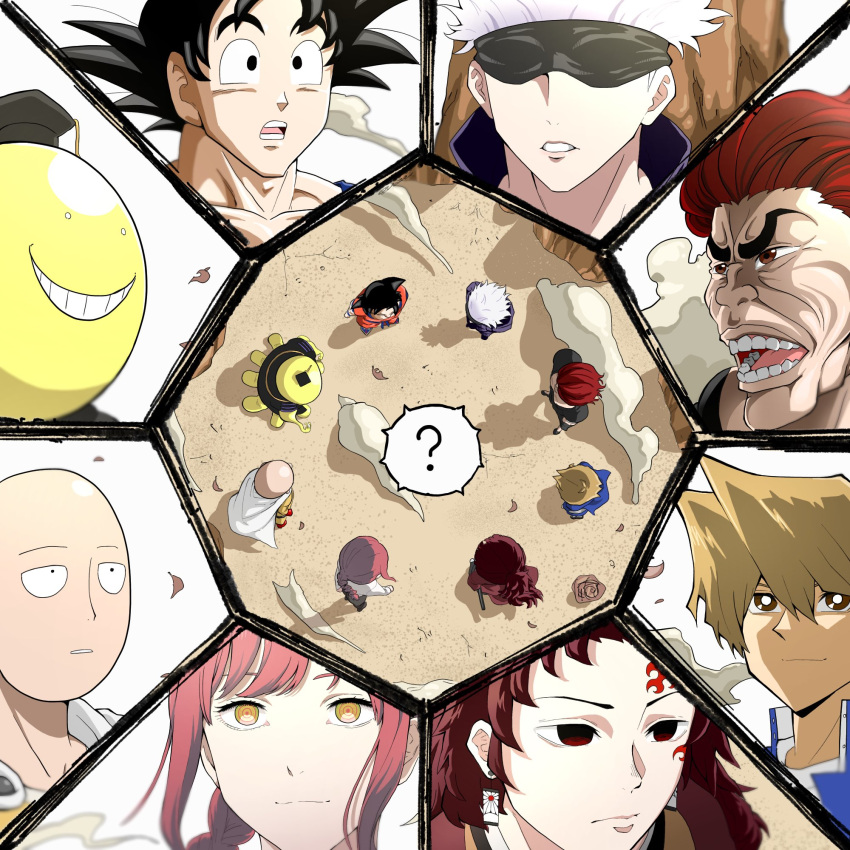 1other 6+boys ? ansatsu_kyoushitsu bald black_hair blank_eyes blindfold braid braided_ponytail bright_pupils brown_eyes chainsaw_man closed_mouth commentary crossover day dragon_ball earrings female from_above gojou_satoru grappler_baki gyoza_2001 hanma_yujiro highres jewelry jonouchi_katsuya jujutsu_kaisen kamado_tanjurou kimetsu_no_yaiba koro-sensei light_brown_hair long_hair looking_at_another makima_(chainsaw_man) multiple_boys multiple_crossover one-punch_man open_mouth orange_eyes outdoors parted_lips red_hair ringed_eyes saitama_(one-punch_man) scar scar_on_face scar_on_forehead shadow shared_speech_bubble short_hair single_braid smile son_goku speech_bubble spiked_hair spoken_question_mark standing teeth tsugikuni_yoriichi v-shaped_eyebrows white_hair white_pupils yu-gi-oh! yu-gi-oh!_duel_monsters