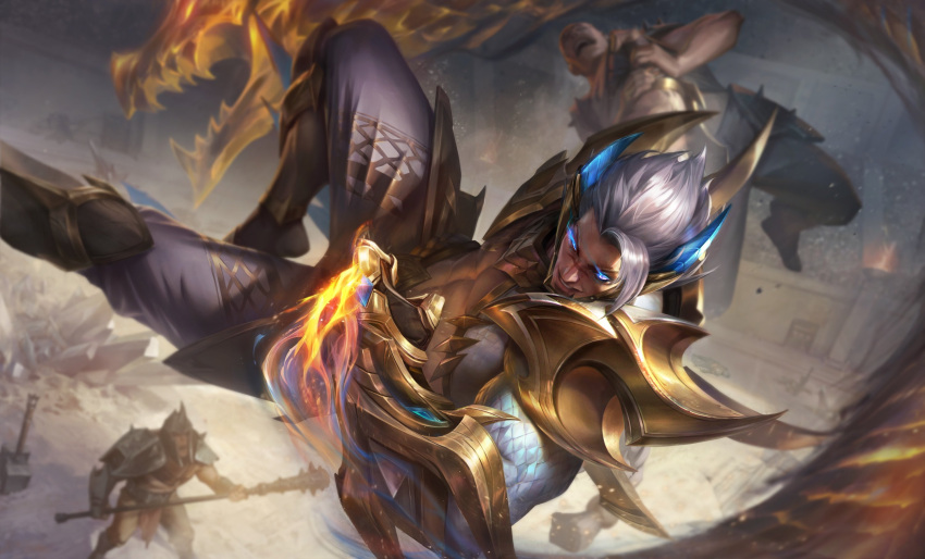 1boy abs arm_tattoo armor battle blue_eyes crop_top dragon flaming_hand gauntlets gloves glowing glowing_eyes grapple grappling_hook helmet highres league_of_legends leg_armor loincloth male_focus maze muscular muscular_male obsidian_dragon_sett official_art pants pectorals scar scar_on_face sett_(league_of_legends) shoes shoulder_armor tattoo thick_arms third-party_source veins veiny_arms weapon white_hair xiao-guang_sun