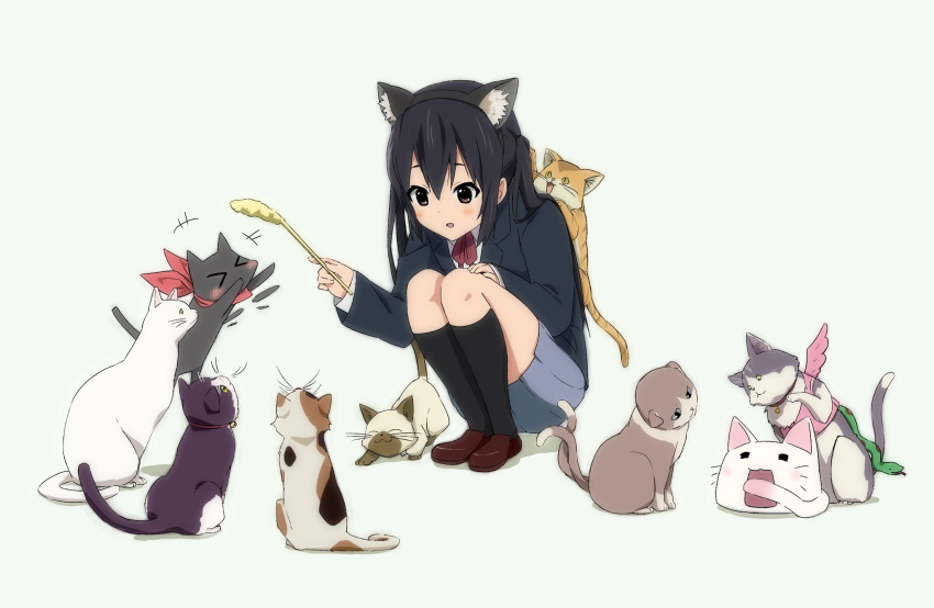 >_< +++ afterimage animal_ears annotated black_cat black_eyes black_hair black_jacket black_socks blazer blue_skirt brown_footwear calico cat_ears cat_teaser chimera_(chuu2koi) chuunibyou_demo_koi_ga_shitai! clannad collared_shirt commentary company_connection crossover dress_shirt fake_animal_ears feline female free! grey_background highres holding jacket k-on! kanon kneehighs konsuke0 kyoto_animation kyoukai_no_kanata loafers long_hair looking_at_another lucky_star miniskirt multiple_crossover musaigen_no_phantom_world nakano_azusa neck_ribbon nichijou nyamou open_mouth piro pleated_skirt red_ribbon ribbon sakamoto_(nichijou) sakuragaoka_high_school_uniform school_uniform shadow shamisen_(suzumiya_haruhi) shima_katsuki shindou_ai shirt shoes skirt smile socks solo squatting suzumiya_haruhi_no_yuuutsu white_shirt winter_uniform