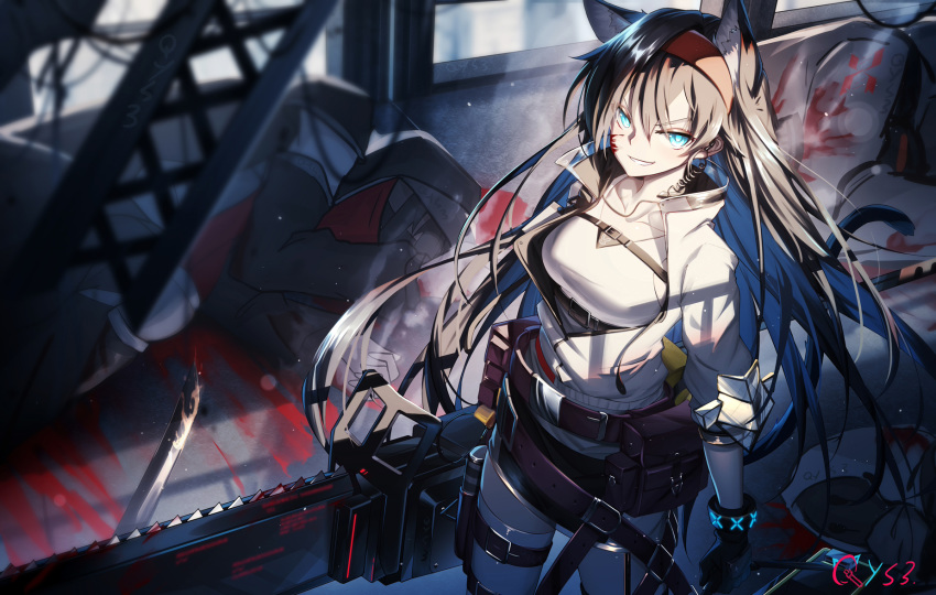 animal_ear_fluff animal_ears arknights black_gloves black_hair blaze_(arknights) blood blood_on_face blue_eyes breasts cat_ears cat_tail chainsaw chest_belt female gloves grin hairband highres holding holding_weapon jacket long_hair looking_at_viewer medium_breasts qys3 reunion_soldier_(arknights) smile solo_focus tail thighhighs very_long_hair weapon white_jacket white_legwear