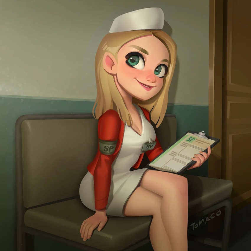 armband artist_name bench blonde_hair blush breasts cleavage clipboard commentary crossed_legs door draw_this_in_your_style_challenge dress english_commentary female green_eyes hair_behind_ear hat highres holding holding_clipboard jacket large_breasts lisa_garland no_legwear nurse nurse_cap red_jacket short_dress signature silent_hill_(series) silent_hill_1 smile solo tomaco_sunderland white_dress