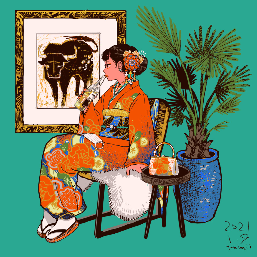 aqua_background black_hair bottle dated earrings female floral_print flower hair_flower hair_ornament hand_up highres japanese_clothes jewelry kimono leaf long_sleeves mask mask_removed multicolored_flower obi original plant potted_plant print_kimono procreate_(medium) profile red_nails sandals sash signature solo tomidoron white_legwear