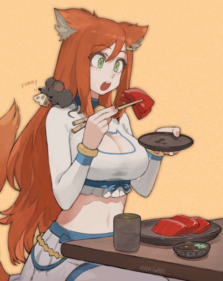 animal_ears animal_on_shoulder artist_name brown_hair cat_cutout cheese chopsticks cleavage_cutout clothing_cutout commentary commission cowboy_shot crop_top cup eating female food green_eyes hair_between_eyes highres holding holding_chopsticks holding_food holding_plate jenna_lynn_meowri jun_(navigavi) long_hair long_sleeves midriff mouse_(animal) mouse_on_shoulder navel open_mouth orange_background original plate pleated_skirt sidelocks simple_background sitting skeb_commission skirt solo table tail upper_body very_long_hair white_skirt