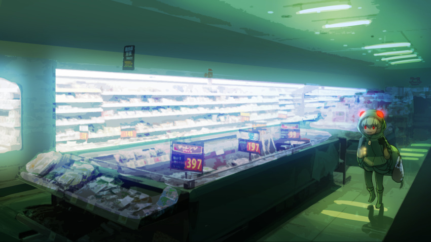 abubu arai-san_mansion backpack bag ceiling_light commentary female glowing grey_hair hair_between_eyes highres hood hooded_jacket indoors jacket kemono_friends light red_eyes scavenger-chan_(abubu) shelf sign snake_tail solo supermarket tail vanishing_point