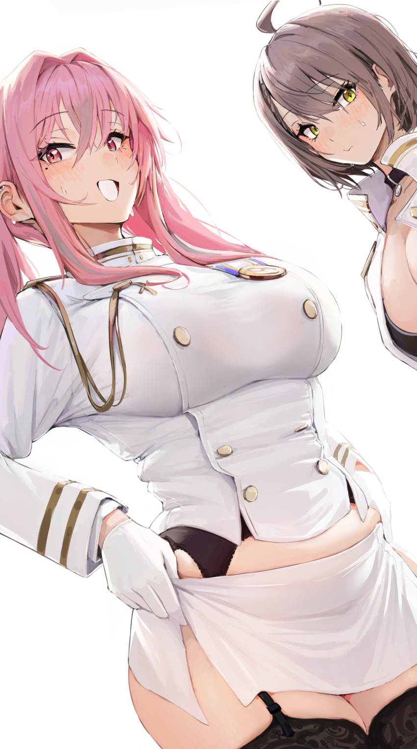 2girls absurdres ahoge alternate_costume atago_(azur_lane) atago_(azur_lane)_(cosplay) azur_lane baltimore_(azur_lane) black_thighhighs breasts bremerton_(azur_lane) brown_hair chela77 closed_mouth commentary cosplay ear_piercing english_commentary eyelashes garter_belt gloves hair_intakes high_collar highres large_breasts long_eyelashes long_hair long_sleeves looking_at_viewer military military_uniform mole mole_under_eye multicolored_hair multiple_girls open_mouth piercing pink_hair plump simple_background skirt smile streaked_hair takao_(azur_lane) takao_(azur_lane)_(cosplay) thick_thighs thighhighs thighs uniform white_background white_gloves white_skirt