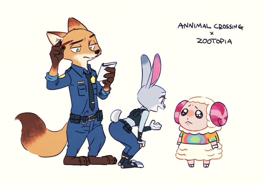 2020 animal_crossing anthro bibio bovid brown_body brown_fur canid canine caprine clothed clothing crossover disney dom_(animal_crossing) english_text fox fully_clothed fur grey_body grey_fur group hi_res judy_hopps lagomorph leporid mammal nick_wilde nintendo open_mouth open_smile rabbit red_fox sheep simple_background smile standing text true_fox zootopia